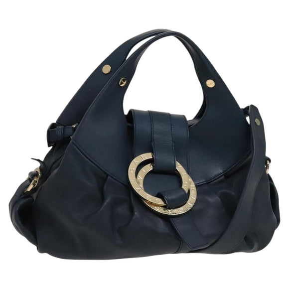 BVLGARI Hand Bag Leather 2way Blue Gold Auth BA1864