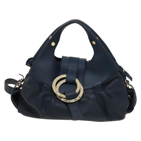 BVLGARI Hand Bag Leather 2way Blue Gold Auth BA1864