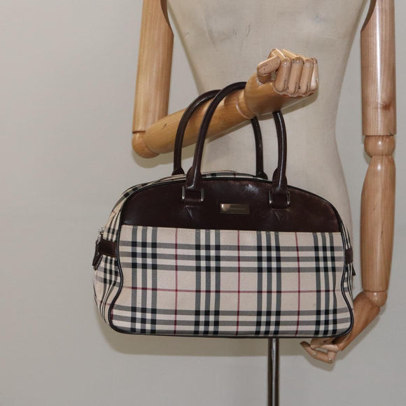 BURBERRY Nova Check Hand Bag Canvas Beige Silver Auth BA1895