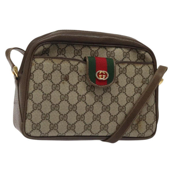 GUCCI GG Supreme Web Sherry Line Shoulder Bag PVC Beige Gold Red Auth BA1924