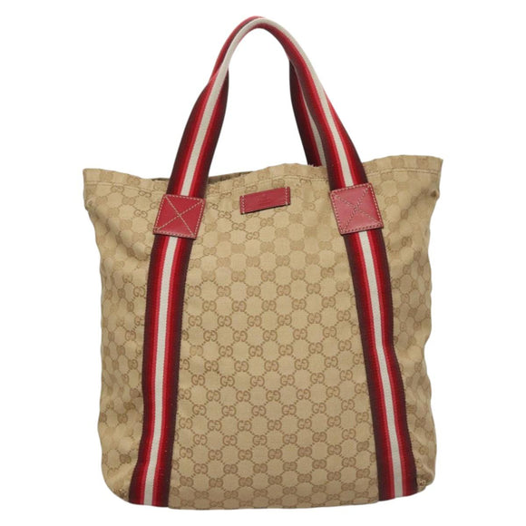 GUCCI GG Canvas Sherry Line Tote Bag Beige Red 189669 Auth BA1983