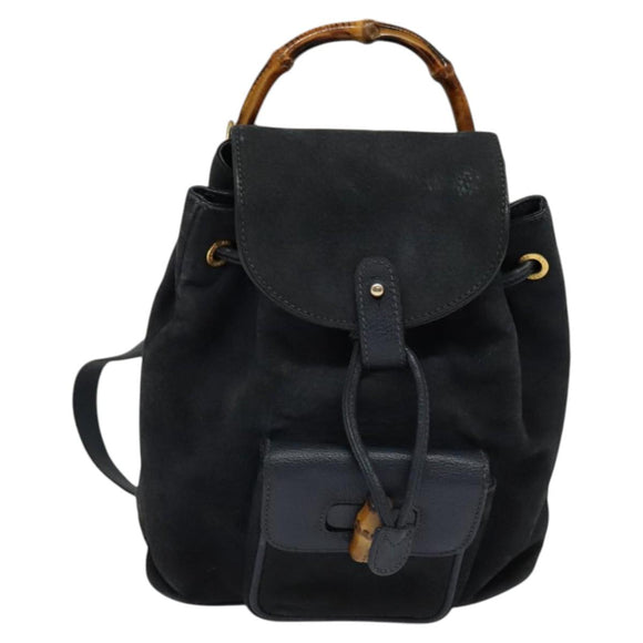 GUCCI Bamboo Backpack Suede Leather Navy Gold 003 1956 0030 Auth BA1984