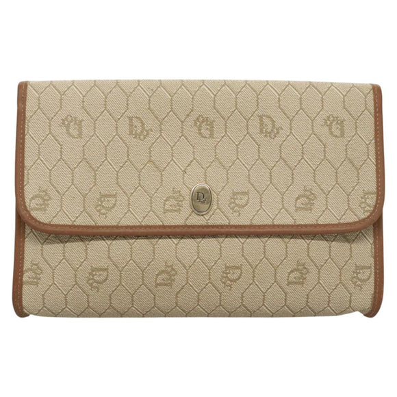 Christian Dior Honeycomb Canvas Chain Shoulder Bag PVC Beige Gold Auth BA1990