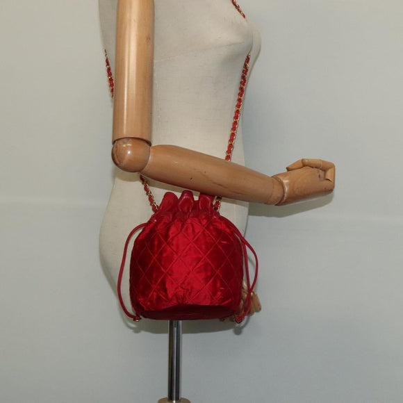 CHANEL Matelasse COCO Mark Chain Shoulder Bag Satin Red Gold CC Auth BA2019