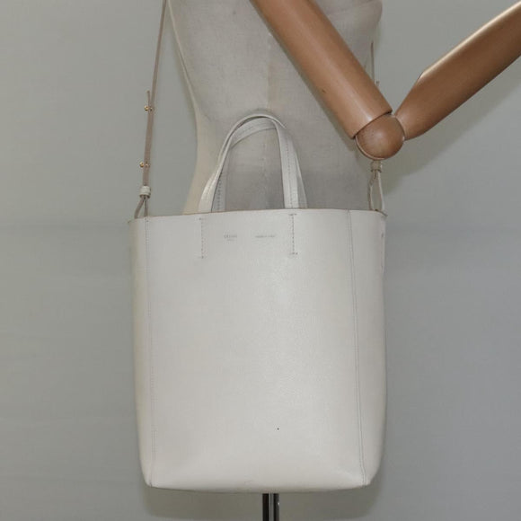 CELINE Hand Bag Leather 2way White Auth BA203