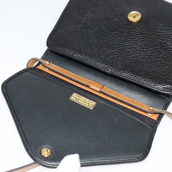 Christian Dior Shoulder Bag Leather Black Gold Auth BA2043