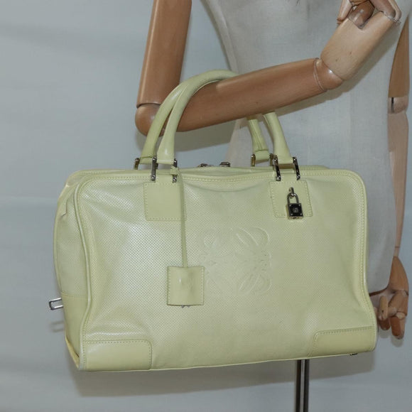 LOEWE Anagram Hand Bag Leather Light Yellow Silver Auth BA2054