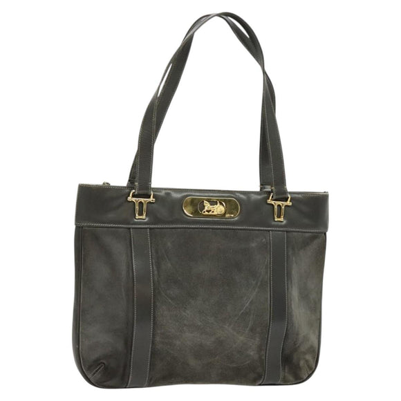 CELINE Hand Bag Suede Leather Gray Gold Auth BA2092