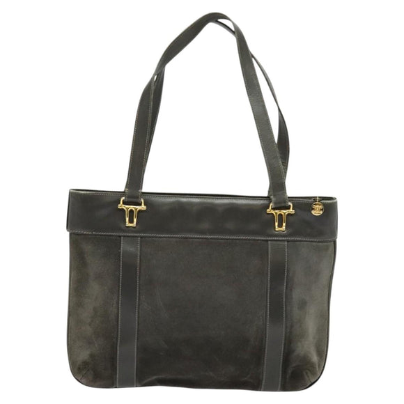 CELINE Hand Bag Suede Leather Gray Gold Auth BA2092