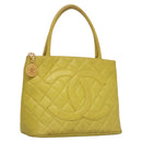 CHANEL COCO Mark Tote Bag Caviar Skin Yellow Gold CC Auth BA2094-1