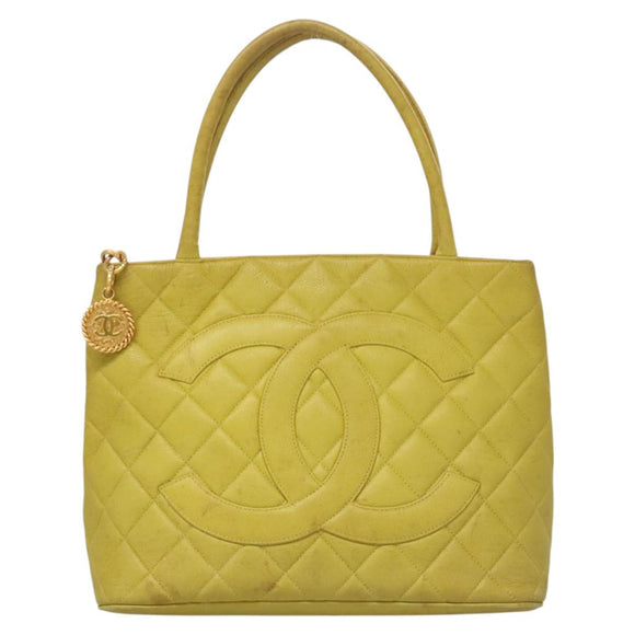 CHANEL COCO Mark Tote Bag Caviar Skin Yellow Gold CC Auth BA2094