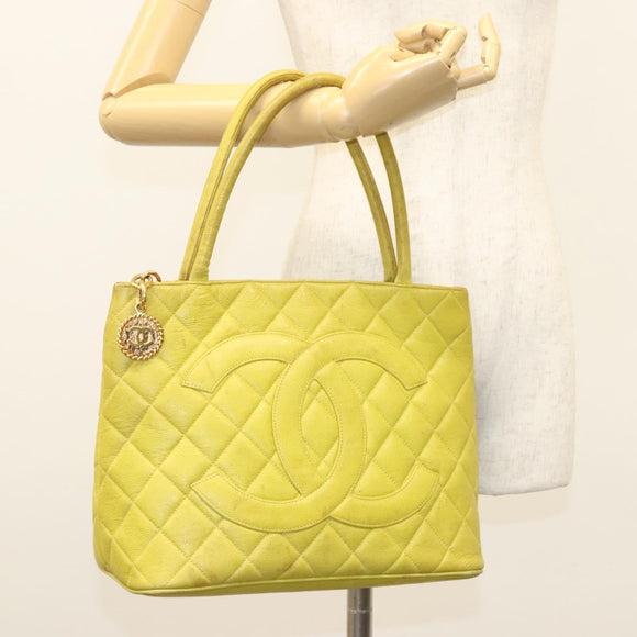 CHANEL COCO Mark Tote Bag Caviar Skin Yellow Gold CC Auth BA2094