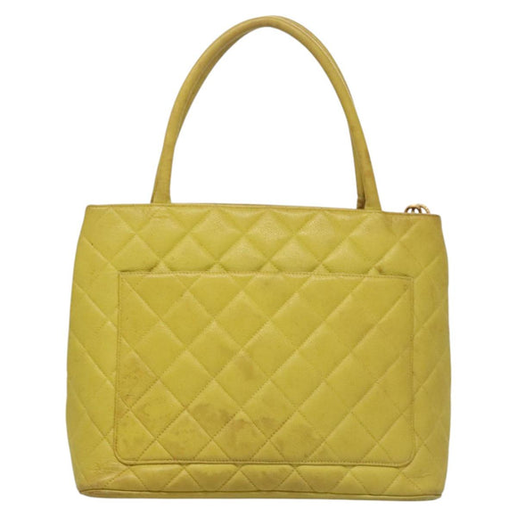 CHANEL COCO Mark Tote Bag Caviar Skin Yellow Gold CC Auth BA2094