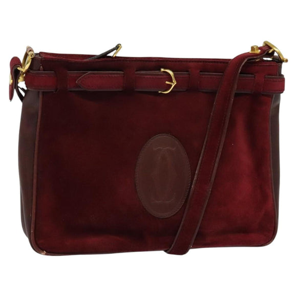 CARTIER Shoulder Bag Suede Wine Red Gold Auth BA2097