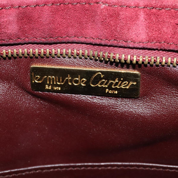 CARTIER Shoulder Bag Suede Wine Red Gold Auth BA2097