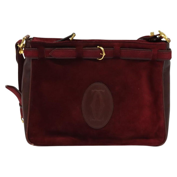 CARTIER Shoulder Bag Suede Wine Red Gold Auth BA2097