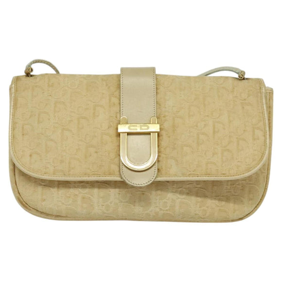Christian Dior Trotter Canvas Shoulder Bag Beige Gold Auth BA2109