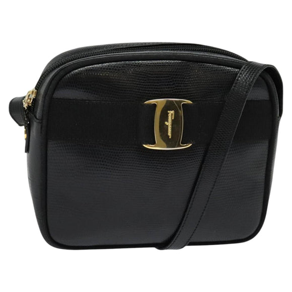 Salvatore Ferragamo Shoulder Bag Leather Black Gold Auth BA2112