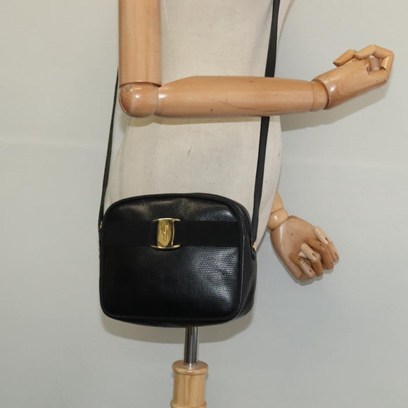 Salvatore Ferragamo Shoulder Bag Leather Black Gold Auth BA2112