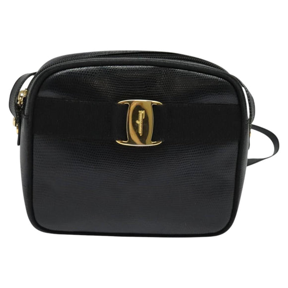 Salvatore Ferragamo Shoulder Bag Leather Black Gold Auth BA2112