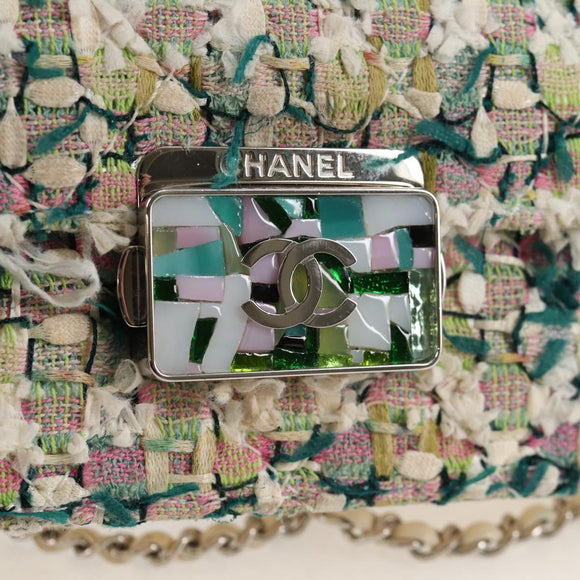 CHANEL Chain Matelasse Shoulder Bag Tweed White CC Auth BA2164AM