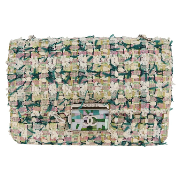 CHANEL Chain Matelasse Shoulder Bag Tweed White CC Auth BA2164AM