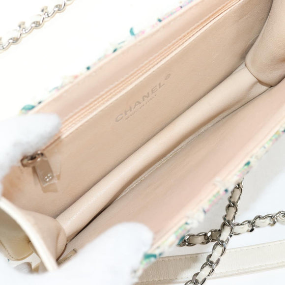 CHANEL Chain Matelasse Shoulder Bag Tweed White CC Auth BA2164AM