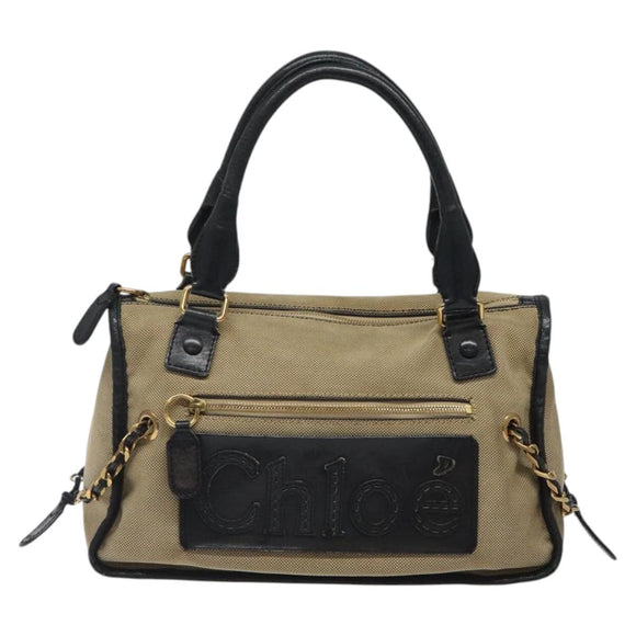 Chloe Harley Hand Bag Canvas Leather Beige Black gold Auth BA2249