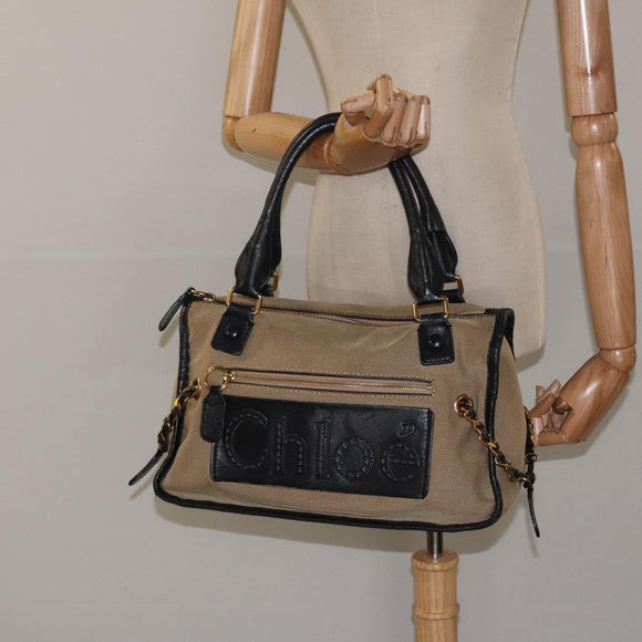 Chloe Harley Hand Bag Canvas Leather Beige Black gold Auth BA2249