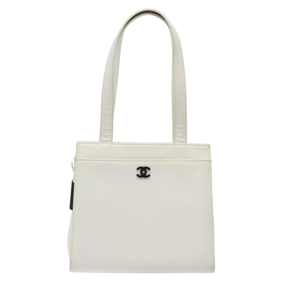 CHANEL Shoulder Bag Caviar Skin White CC Auth BA2340