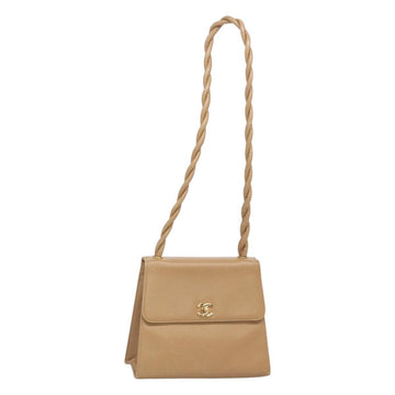 CHANEL Shoulder Bag Caviar Skin Beige Gold CC Auth BA2341