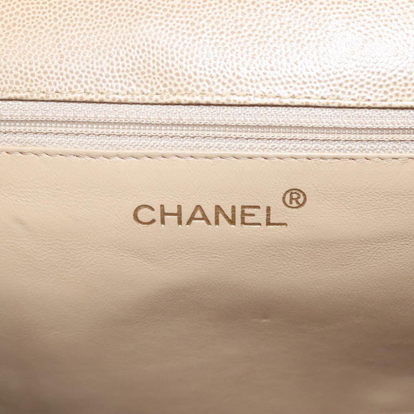 CHANEL Shoulder Bag Caviar Skin Beige Gold CC Auth BA2341