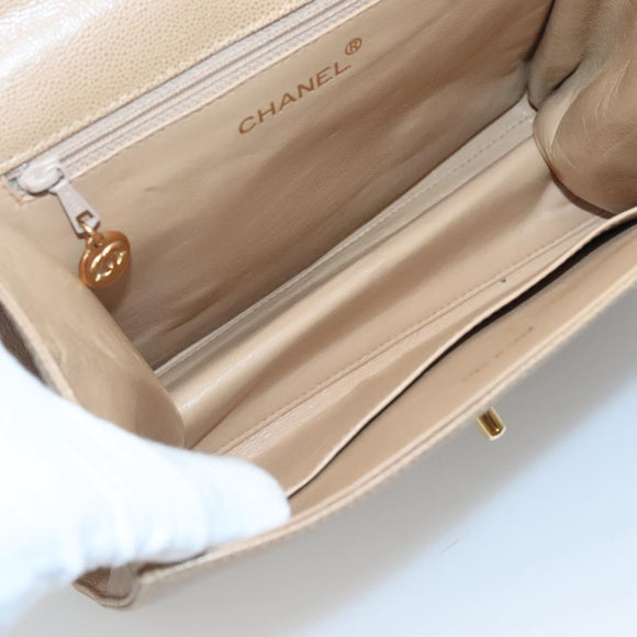 CHANEL Shoulder Bag Caviar Skin Beige Gold CC Auth BA2341
