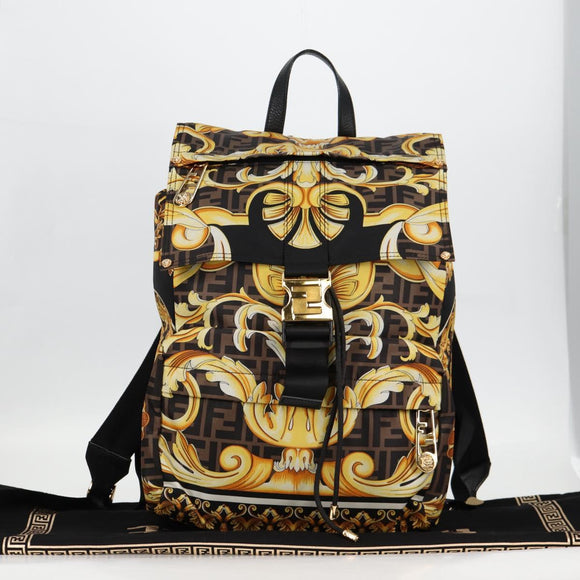 FENDI Zucca Canvas FENDACE Versace Collaboration Backpack Black Auth BA2349SAM