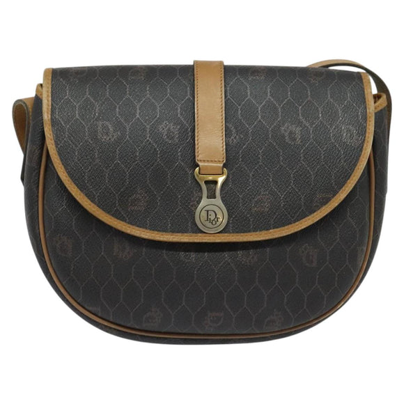 Christian Dior Honeycomb Canvas Shoulder Bag PVC Leather Black Auth BA2400