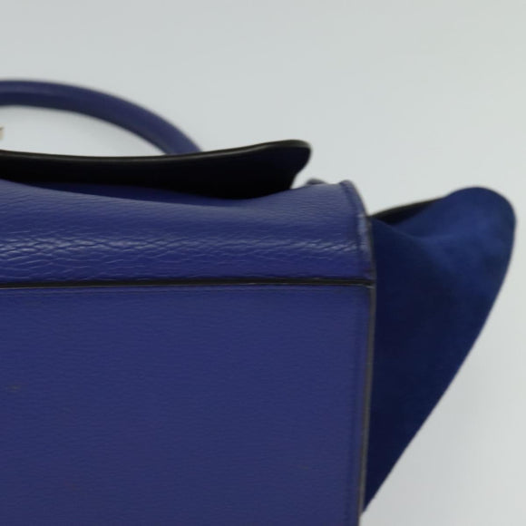 CELINE Trapeze Hand Bag Suede Leather 2way Blue Gold Auth BA2409