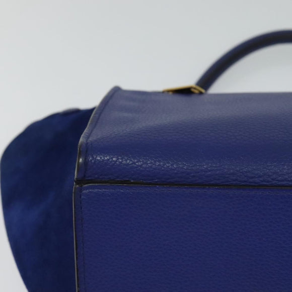CELINE Trapeze Hand Bag Suede Leather 2way Blue Gold Auth BA2409