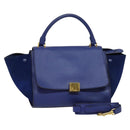 CELINE Trapeze Hand Bag Suede Leather 2way Blue Gold Auth BA2409-1