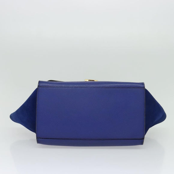 CELINE Trapeze Hand Bag Suede Leather 2way Blue Gold Auth BA2409