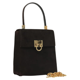 Salvatore Ferragamo Gancini Hand Bag Suede 2way Black Gold Auth BA2414
