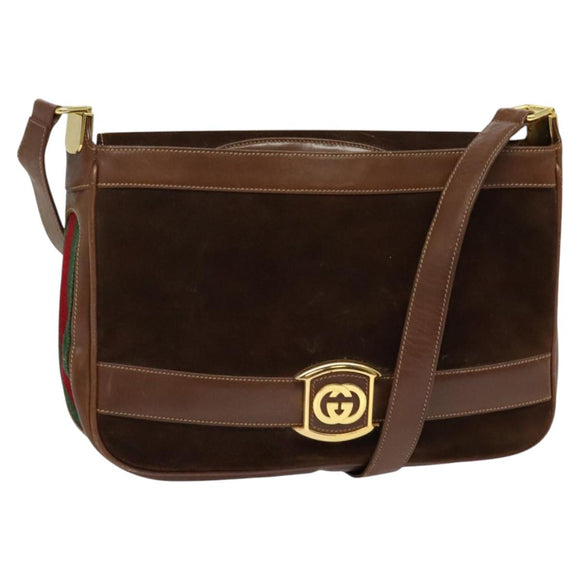 GUCCI Web Sherry Line Shoulder Bag Suede Brown Gold Auth BA2437