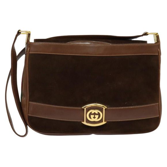 GUCCI Web Sherry Line Shoulder Bag Suede Brown Gold Auth BA2437
