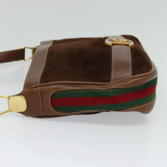 GUCCI Web Sherry Line Shoulder Bag Suede Brown Gold Auth BA2437