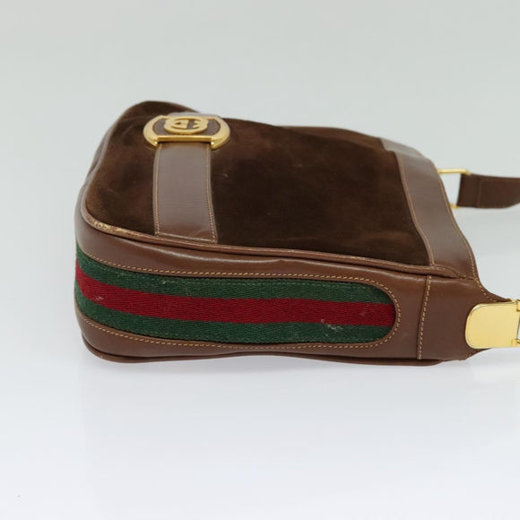 GUCCI Web Sherry Line Shoulder Bag Suede Brown Gold Auth BA2437