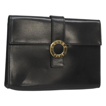 CELINE Pouch Leather Black Gold Auth BA2446
