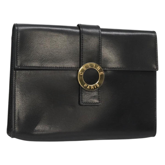 CELINE Pouch Leather Black Gold Auth BA2446
