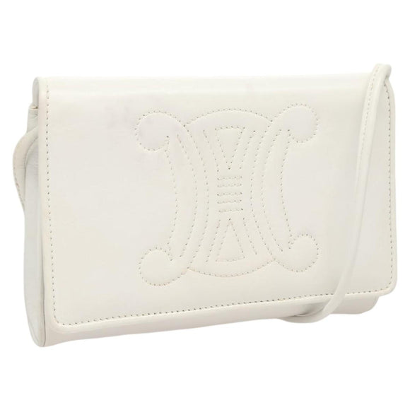 CELINE Shoulder Bag Leather White Gold Auth BA2447