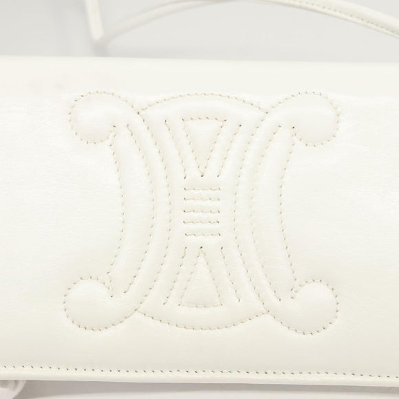 CELINE Shoulder Bag Leather White Gold Auth BA2447