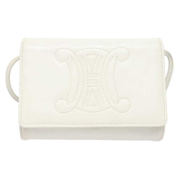CELINE Shoulder Bag Leather White Gold Auth BA2447