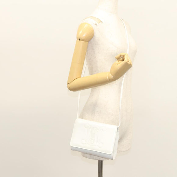 CELINE Shoulder Bag Leather White Gold Auth BA2447